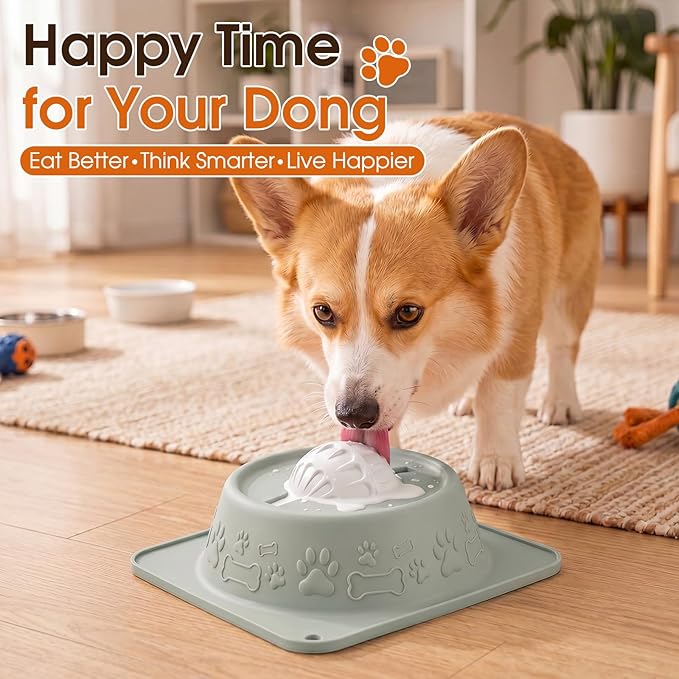 Slow Feeder Dog Bowls, Anti-Slip Dog Lick Bowl with Interactive Rolling Ball, Anxiety Relief Liquid Treat Feeder, Bone Broth Yogurt Licking Toy for Small Medium Large Dogs and Cats(Gray)