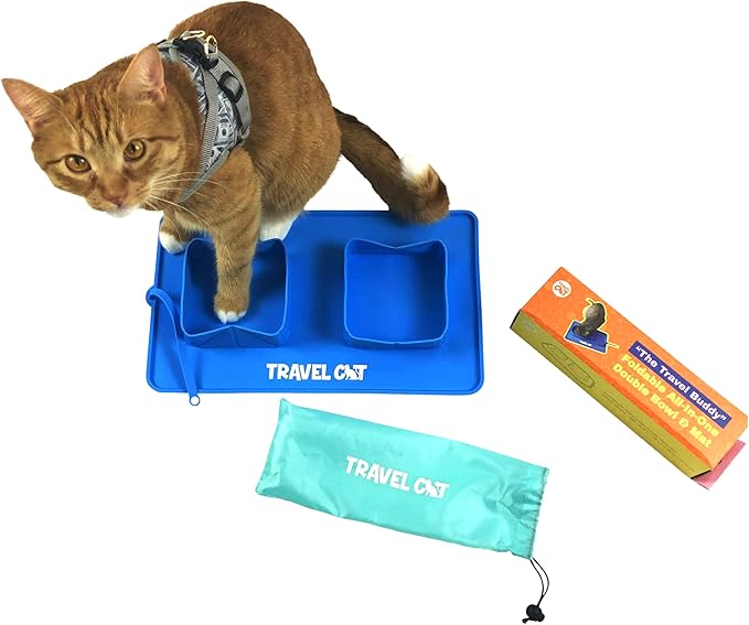 Travel Cat Collapsible Food and Water Bowl - 2 in 1 Blue Portable Pet Skid Mate Cat Bowl with No-Spill and Non-Skid Foldable Silicone Mat - Portable Pet Feeder for Traveling, Camping, Hiking with Cat