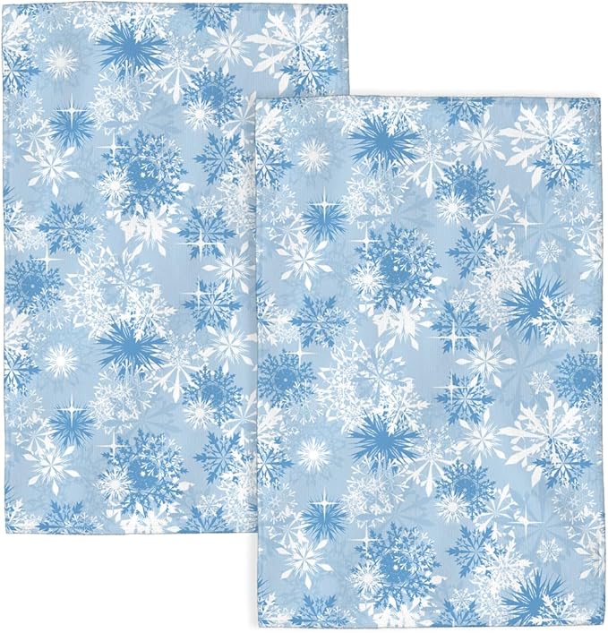 Christmas Kitchen Towels Blue White Snowflake Winter Dish Towels 16×24 Inch Soft Absorbent Xmas Blue Hand Cloths Decorative for Kitchen Drying Set of 2