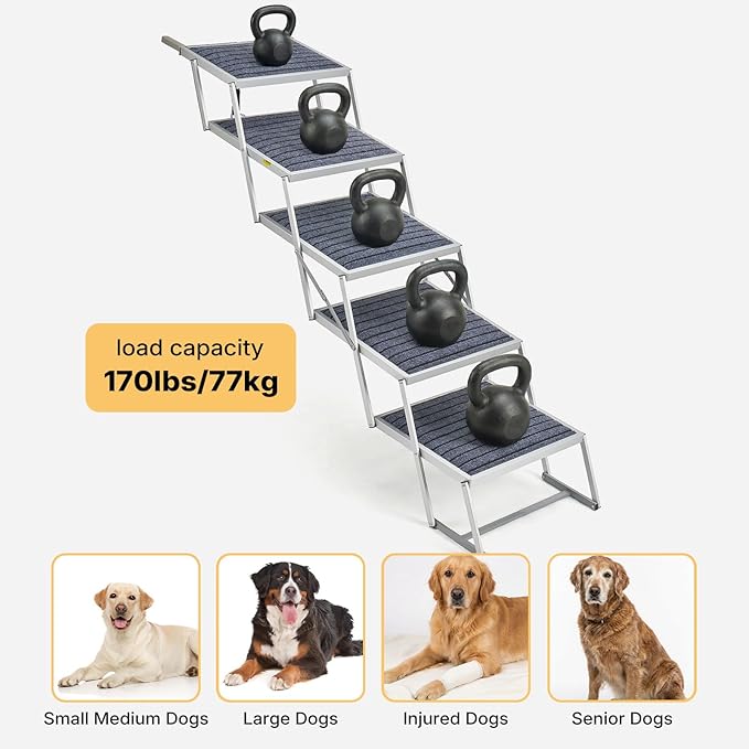 Veehoo Extra Wide Dog Steps for Car SUV Truck Foldable, 5 Steps Portable Aluminum Dog Stairs for Injured Senior Large Dogs 20" Wide, Heavy Duty Pet Ramp Ladder with Non Slip Surface, up to 170lbs