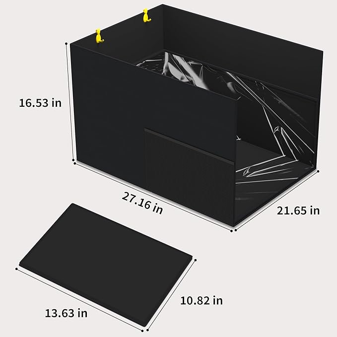 Aokeyee Black Waterproof Cat Litter Box Enclosure Splash Guard with Removable PVC Mat, Foldable Pet Litter Box Shield with 2 Hooks