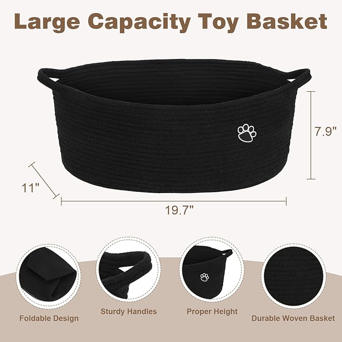 Optish Dog Toy Basket, Toy Storage Box and Bin with Handles, 19.7" X 11" X 7.9" (30L) Large Woven Rope Basket for Blankets, Living Room, Bedroom, Black