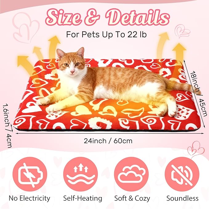 2 Pack Valentine Self Warming Cat Mats Red White Heart Reflects Body Heat Self Heating Bed Machine Washable Thermal Pet Pad with Non Slip Bottom 18 x 24 Inch for Winter Indoor Kitten Dog Crate