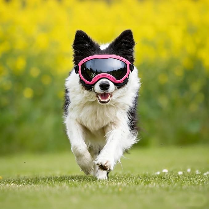 Dog Goggles for Medium to Large Breeds, UV Protection Dog Sunglasses with PC Lens, Soft TPU Frame and Adjustable Straps, Windproof Dustproof Anti-Fog Pet Eyewear for Outdoor Activities (Pink Frame)