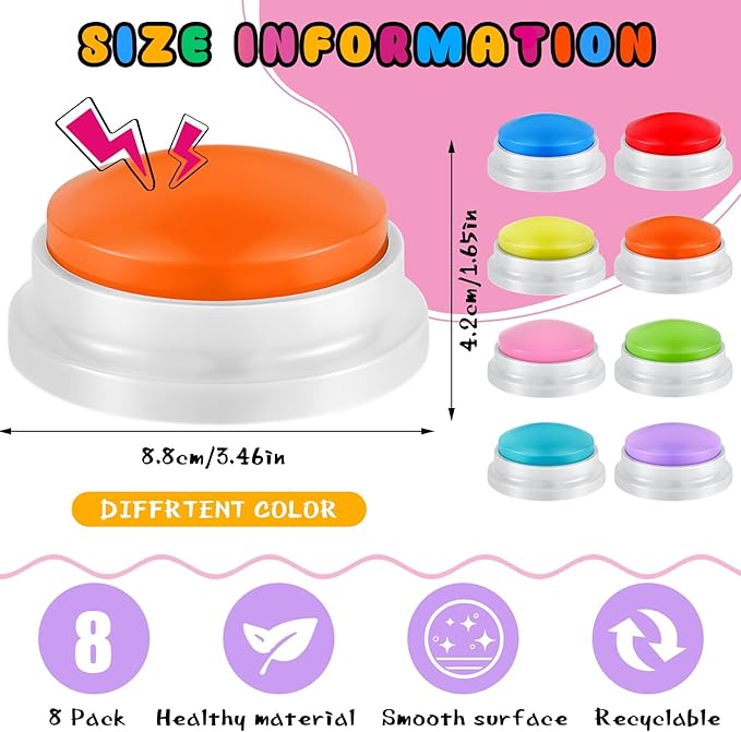 Honoson 8 Pieces Recordable Answer Buzzers Button for Trivia Games Show Buzzers Recording Buttons Gifts for Classroom Team(Elegant Color)