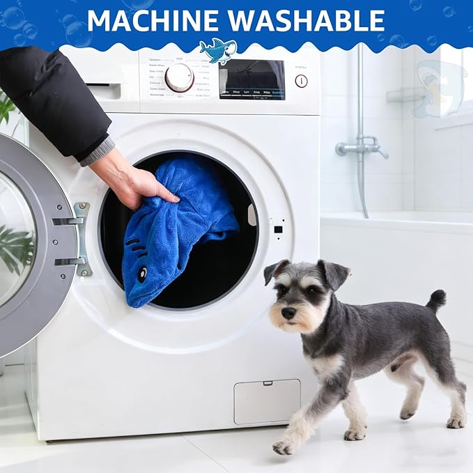 SCENEREAL Dog Bathrobe Fast Drying Towel Microfiber Dog Towel Robe with Hook and Loop Closure & Wrap Tie Snuggle, Super Absorbent Pet Cat Dog Bath Robe Drying Coat, Shark Hood M