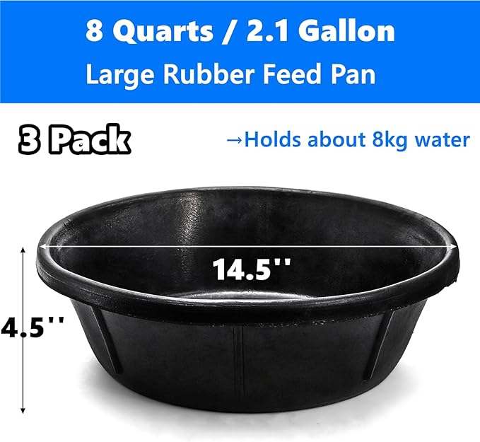 Cididu 3 Pack Rubber Feed Pan, 8 Quart Large Horse Feed Bucket, Heavy Duty Rubber Water Bowl for Livestock, Stackable Chicken Dust Bath Tub for Pig Goat Dog Cat Farm Animal Feeding, 14.5'' x 4.5''