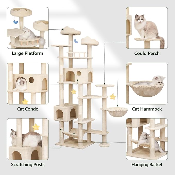 Meecal 79inch Heavy Duty Cat Tree for Indoor Cats Large Adult, Tall Giant Cat Tower with Scratching Post, Large Perches, Cozy Cat Condos & Hanging Hammocks, Beige