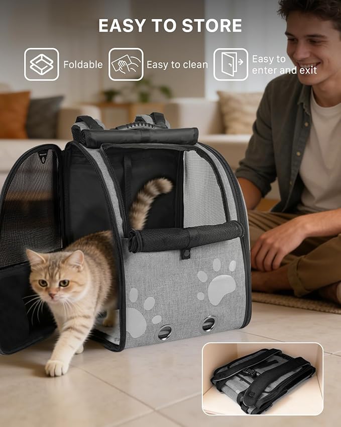 Cat Backpack Carrier with Comfort Handle, Ventilated Cat Backpack with Reflective Strips, with Chest and Shoulder Buckles, Foldable Cat Carrying Backpack for Kitty Small Dog up to 15lbs(Grey).