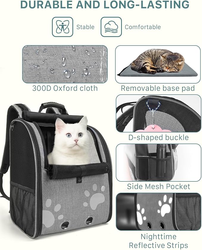 Cat Backpack Carrier with Comfort Handle, Ventilated Cat Backpack with Reflective Strips, with Chest and Shoulder Buckles, Foldable Cat Carrying Backpack for Kitty Small Dog up to 15lbs(Grey).
