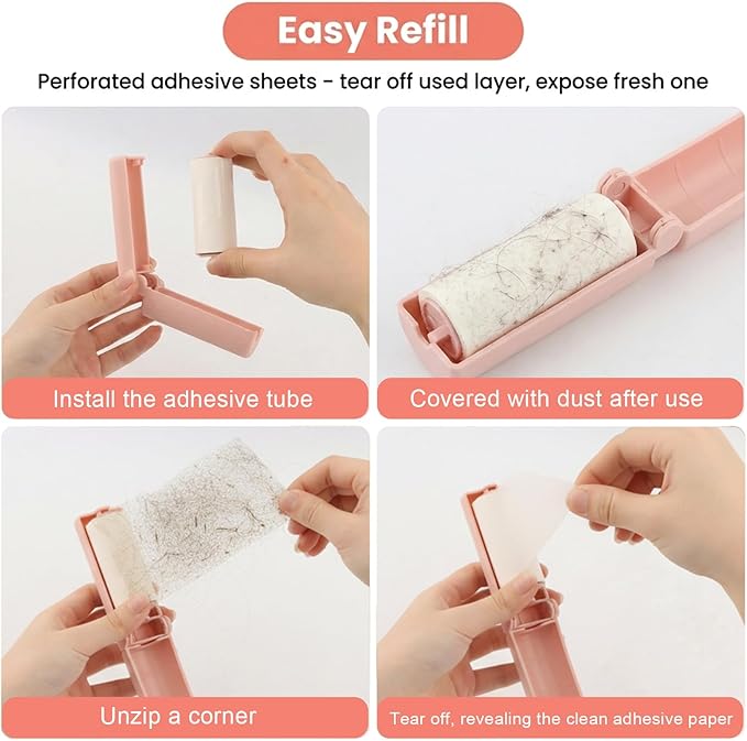 Foldable Travel Lint Roller Set, Washable Foldable Lint Remover, Portable Cleaning Roller with 4 Handles & 8 Refills, Reusable Pet Hair Remover for Clothes with Protective Cover