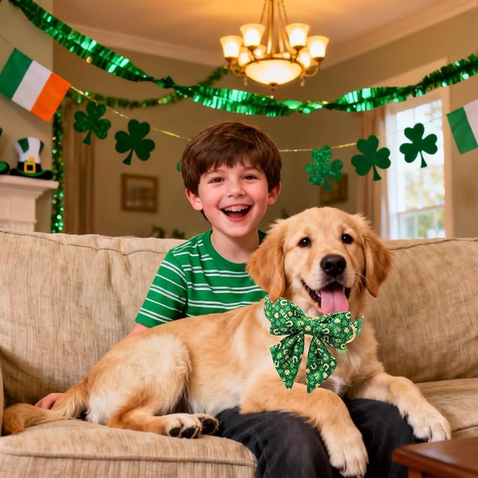 DOGWONG St. Patrick's Day Dog Collar with Sailor Bow Tie- Lucky Shamrock Bowtie Collar for Girl Boy Dog, Trefoil Dogs Collars Durable Adjustable, M
