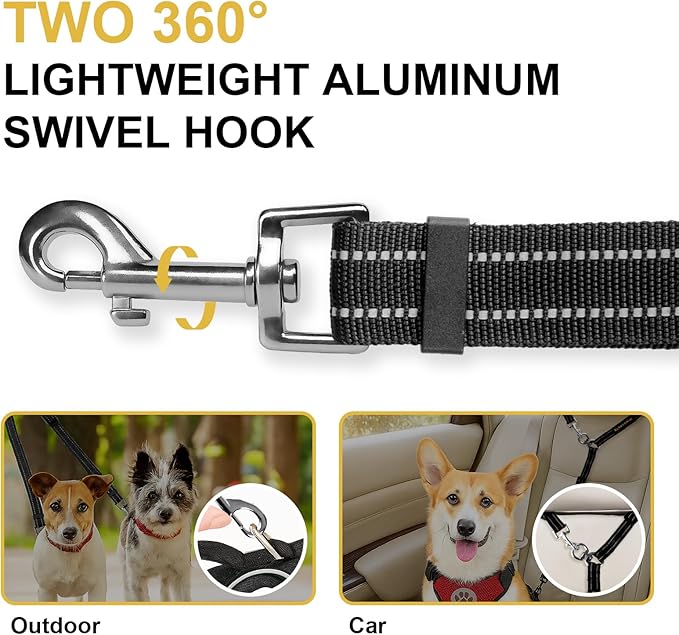 MingXpet Double Dog Leash for Two Dogs, No Pull Dog Leash, 360° Swivel No Tangle for Medium Dogs Walking & Training, Shock Absorbing Reflective Bungee, Black