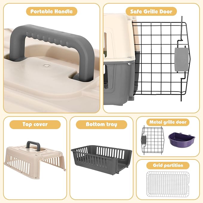 2 Set Hard Plastic Pet Carrier Breathable Dog Cat Kennel with Metal Door Bowl Grille Mat Pet up to 14 Lbs Carrier for Walking Camping Vet Visits Travel, 17.3"L x 11.8"W x 10.6"H(Gray White)