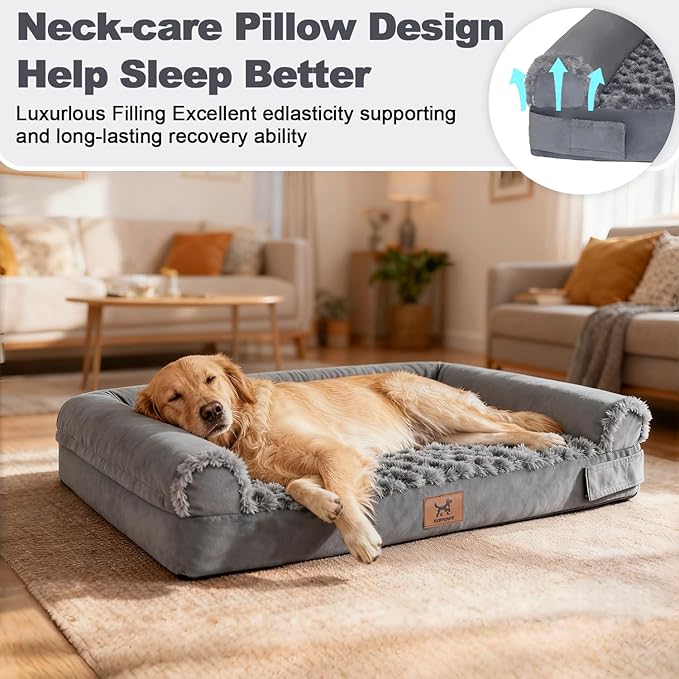Orthopedic Dog Bed - Breathable Egg-Crate Foam Sofa Couch with Bolster, Water-Resistant Liner & Washable Rose Velvet - Ideal for Corgis, French Bulldogs, Dark Gray, L (35'' x 22'')