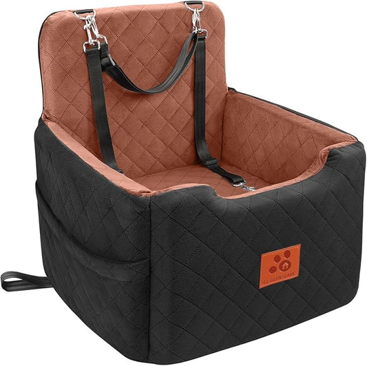 GL GLENSLAVE Dog Car Seat for Small/Medium Dogs Under 35lbs,Memory Foam Dog Booster Seats,Detachable and Washable Traval Pet Car Seat, Dogs Bed with 2 Safety Belts(Balck/Brown)