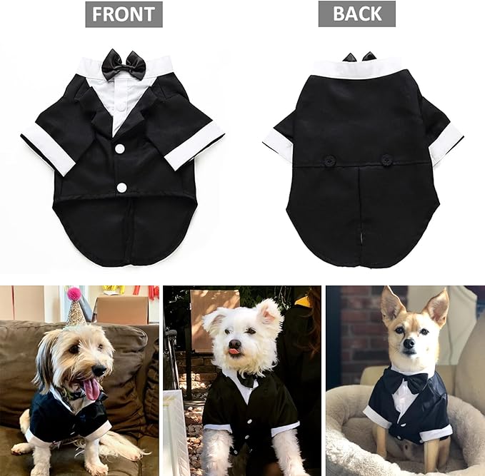 Dog Shirt Puppy Clothes, Pet Wedding Suit Formal Tuxedo with Black Bow Tie, Pet Outfit for Small Medium Dogs Cats, Pet Weding Attire Dress Up Cosplay Prince Costume Gentleman Apparel (Black, Large)