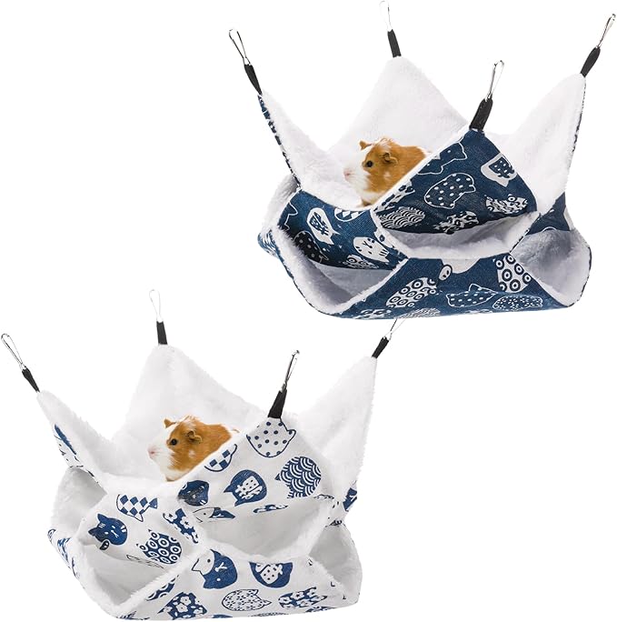 2Pcs 3-Layer Guinea Pig Hammock, Soft Arctic Fluff Linen Small Animal Hanging Bed with 4 Metal Hook, Washable Warm Cage Hammock for Hamster Rat Guinea Pig Ferret Chinchilla Sugar Glider