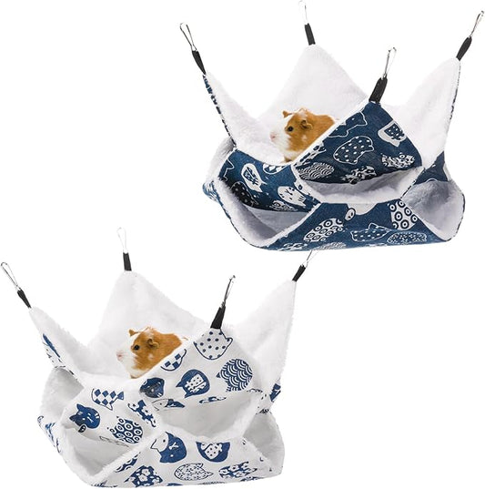2Pcs 3-Layer Guinea Pig Hammock, Soft Arctic Fluff Linen Small Animal Hanging Bed with 4 Metal Hook, Washable Warm Cage Hammock for Hamster Rat Guinea Pig Ferret Chinchilla Sugar Glider