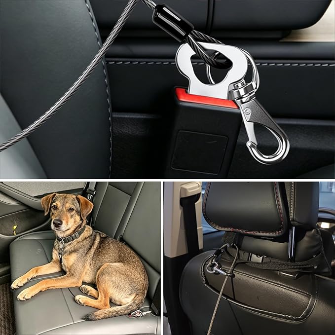 2-in-1 Dog Seat Belt for Car, Chew Proof Pet Safety Belt for Dog, Heavy Duty Dog Car Harness Restraint, Waterproof Coated Steel Wire Dog Leash (Black*2, 16inch/40 CM)