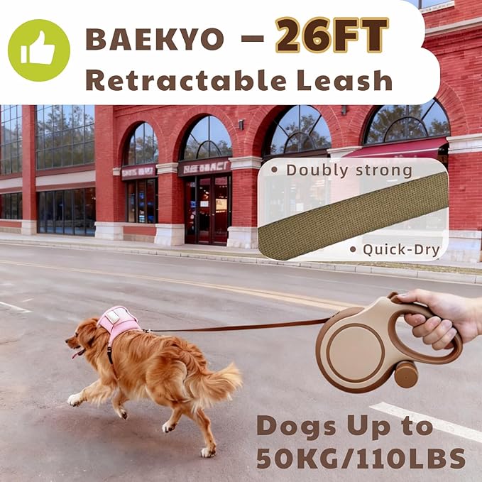 26ft Retractable Dog Leash for Large Dogs with Poop Bag Holder,Heavy Duty Retractable Dog Leash with Chew Proof Extender,One-Hand Lock System,Impact-Resistant,Up to 110 lbs (Khaki)