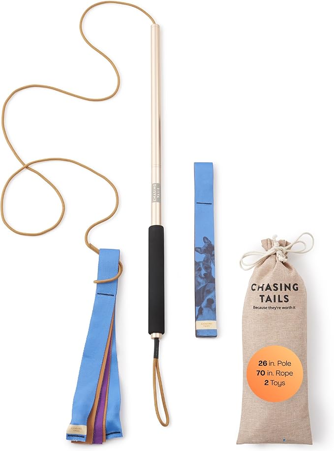 Chasing Tails Flirt Pole for Small Dogs - 26 Inch with 70 Inch Rope and Two Toys -Interactive Play Equipment for Small and Medium Breeds - Durable and Fun Exercise Tool for Active Pets