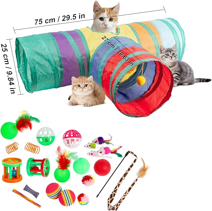 22 Pcs Cat Toys for Indoor Cats Collapsible 3 Way Cat Tunnel Interactive Feather Teaser Wand Ball Toy for Kitten Cats (22pcs-3 Way)