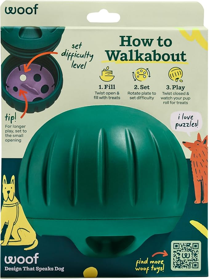 WOOF Walkabout - Enrichment Dog Toys Puzzle and Treat Dispenser - Adjustable Difficulty for Kibble and Treats - Durable Rubber - Easy to Clean - Small