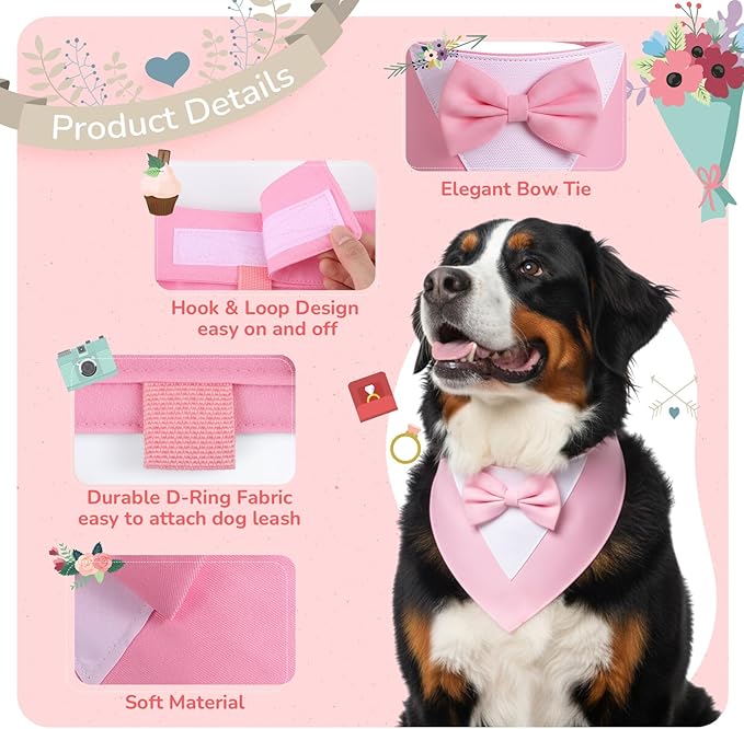 Gilprop 4 Pcs Formal Dog Outfit Dog Tuxedo Sets with Bowtie Wedding Dogs Bandana Collar with Nylon Leash Wedding Outfit Suit Adjustable Pet Party Costumes for Birthday(Black,Pink,Large:21"-24.5")
