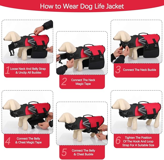 ROZKITCH Dog Life Jacket, Red Ripstop Pet Floatation Evil Life Vest for Small Middle Large Dog, Safe Durable Comfortable Adjustable Preserver with High Buoyancy for Swimming Boating at Pool Beach
