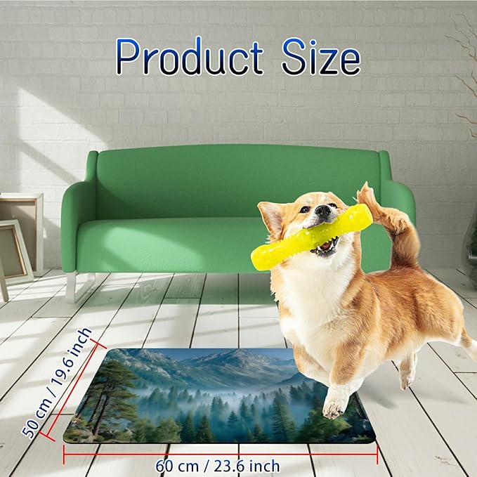 Dog Food Mat, 19.6" x 23.6" Absorbent Pet Feeding Mat for Food and Water, Waterproof Diatom Mud Pet Placemat with Non-Slip Rubber Backing, Cat Bowl Mat for Floors - Green Forest Mountains