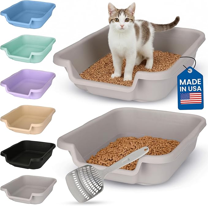 KittyGoHere Senior Cat Litter Box, Small Litter pan with Long-Handle Jumbo Scoop, Open Top Low Entrance Kitty Litters Box, Lightweight Low Entry Litter Box, Durable, Made in USA (2 Pack - Misty Gray)