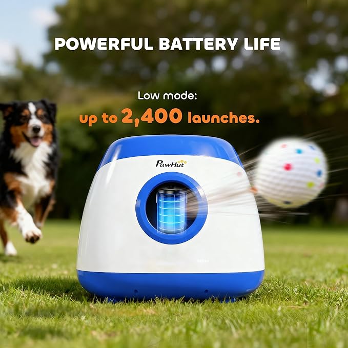 PawHut Automatic Dog Ball Launcher, Rechargeable Dog Ball Thrower with Remote Control, 3 Adjustable Distance (39ft/59ft/78ft), 6 ETPU Tennis Fetch Toys 2.5", for Medium Large Breeds, Blue