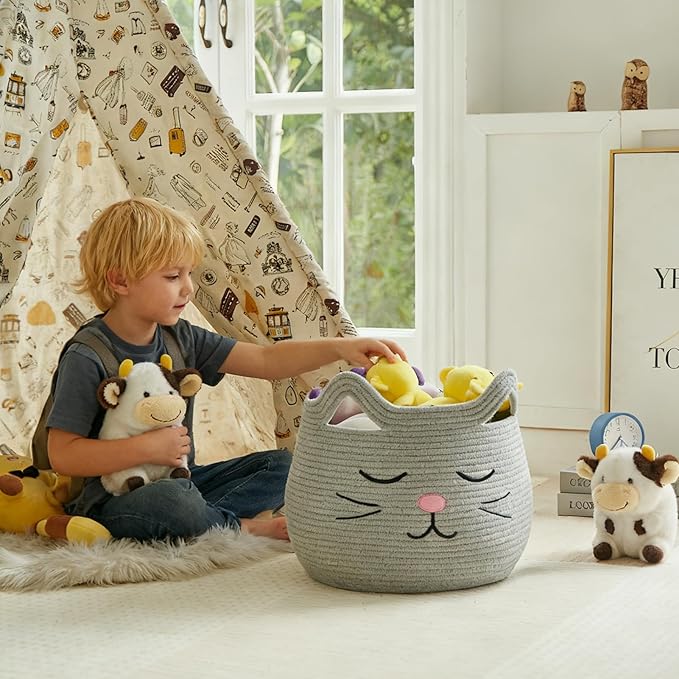 VK VK·LIVING Animal Baskets Large Woven Cotton Rope Storage with Cute Cat Design and Handles, Cat Toy Box Laundry Organizer for Towels, Blanket, Toys, Clothes, Gift for Pet or Baby Baskets 15"D x 14"H