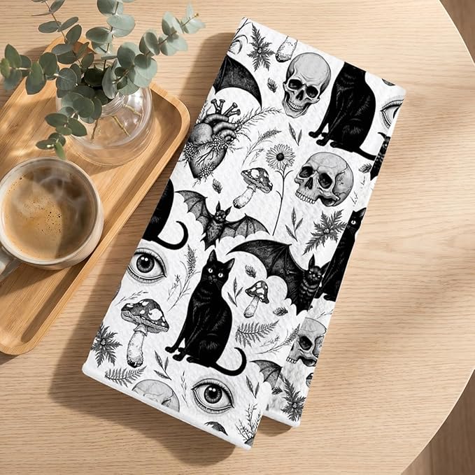 2Pcs Skeleton Cat Kitchen Towels, Mushroom Durable Microfiber Tea Towels for Kitchen Home Bathroom Farmhouse Decor, Eyes Bat Waffle Weave Dish Drying Towel, Cat Gifts for Women Friend, 24x14 Inch