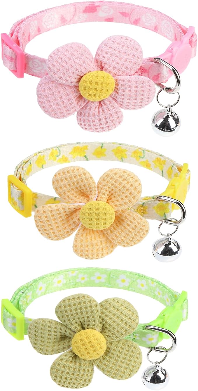PUPTECK Cat Collar Breakaway with Bells, Kitten Collar Outfit Adjustable for Girl Boy Small Pet Puppy Bunny, Cute Costume Accessory with Safety Release Buckle (Sticker-Flowers)