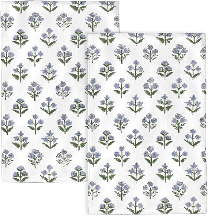 Blue Sage Green Floral Kitchen Towels Vintage Block Print Dish Towel 16×24 Inch Soft Absorbent Spring Summer Flowers Hand Cloths Decorative for Kitchen Drying Set of 2