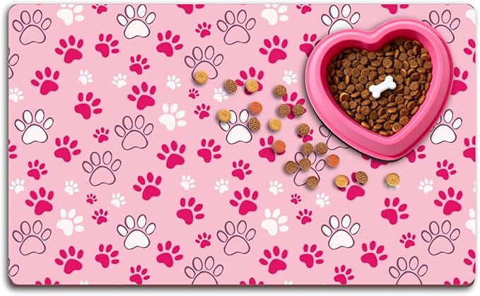 Dog Feeding Placemat Pink Cat Food Mat Small Cute Paw Print Pattern Rectangle Diatomaceous Earth Absorbent Quick Dry Pet Feeding Rugs Protect Floors for Food and Water Supplies 20 x 12 Inch