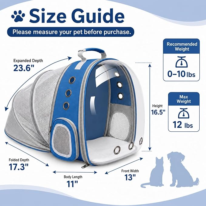 Expandable Cat Carrier Backpack for Cats & Dogs, Bubble Window Pet Travel Backpack with Breathable Mesh, Anti-Collapse Structure, Side Door, Safety Leash, for Vet Visits, Hiking, Outdoor, Blue