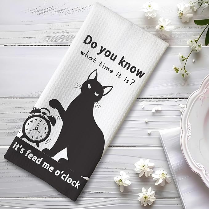 Cat Kitchen Towels - Funny Feeding Time Quick-Dry Implied Message Art Hand Towel, Decorative Dish Towel with Whimsical 'Meal O'Clock' Motif for Feline Ladies & Pet Parents | Crazy Cat Lady Gifts