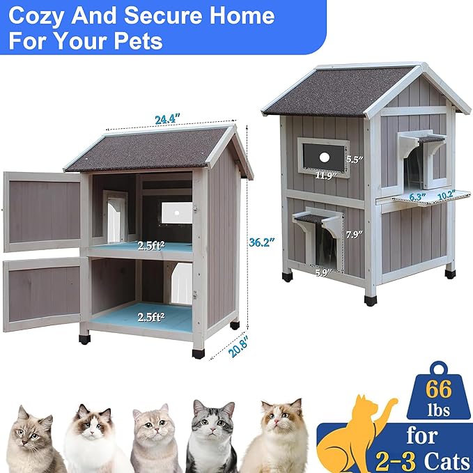 Rockever Outdoor Cat House, Large Outdoor Houses for Feral Cats Wooden Outside Cat Shelter Weatherproof with Escape Door