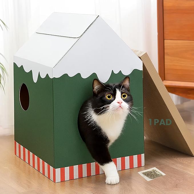 Conlun Cardboard Cat House with Scratch Pad & Catnip, Cat Play Scratching House for Indoor Hideaway Furniture, Heavy Duty Sturdy Cardboard Scratcher, Easy to Assemble Birthday Gift, Medium