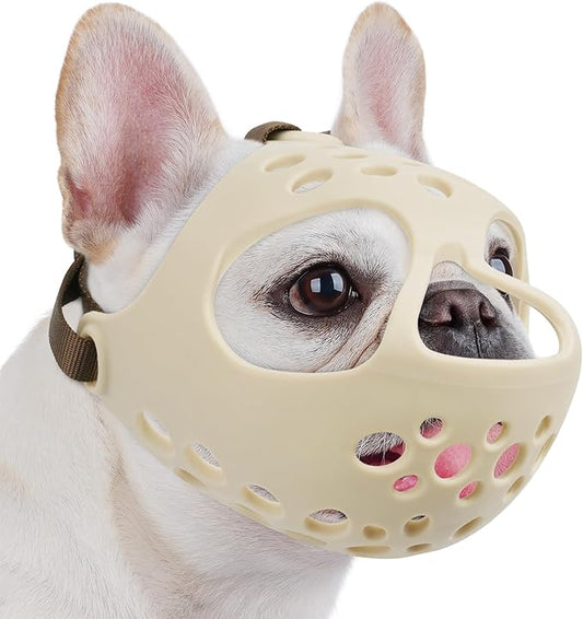 BARKLESS Short Snout Dog Muzzle, Soft Silicone Flat Faced Muzzle for French Bulldog Shih Tzu and Pug for Biting Chewing Licking and Grooming, Allows Panting (S, Khaki)