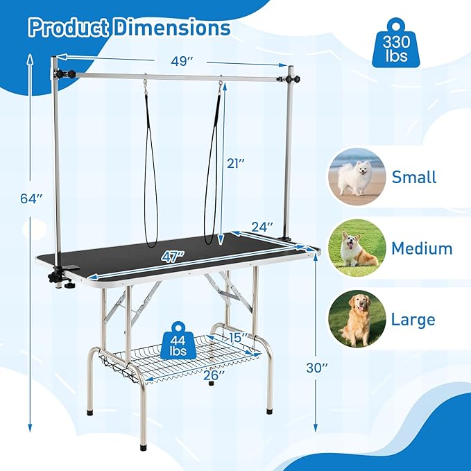 Giantex 47'' Dog Grooming Table with Adjustable Arm & 2 Nooses, Foldable Pet Grooming Station with Non-Slip Waterproof Surface, Mesh Storage Tray, Heavy Duty for Small to Large Dogs