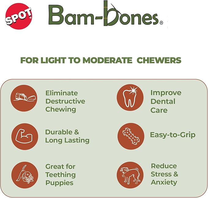 SPOT Bam-Bones Wishbone Dog Chew Toy, Bamboo Fiber Blend, Non-Splintering Durable Chew for Light to Moderate Chewers, Adult Dogs & Teething Puppies 10–30 lbs, Chicken Flavor, 5.25 in