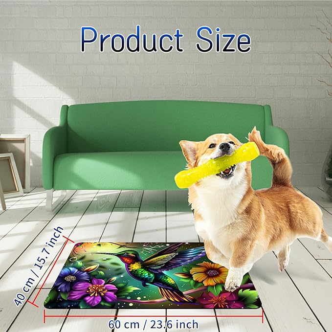 Dog Food Mat, 15.7" x 23.6" Absorbent Pet Feeding Mat for Food and Water, Waterproof Diatom Mud Pet Placemat with Non-Slip Rubber Backing, Cat Bowl Mat for Floors - Hummingbird Flower 1