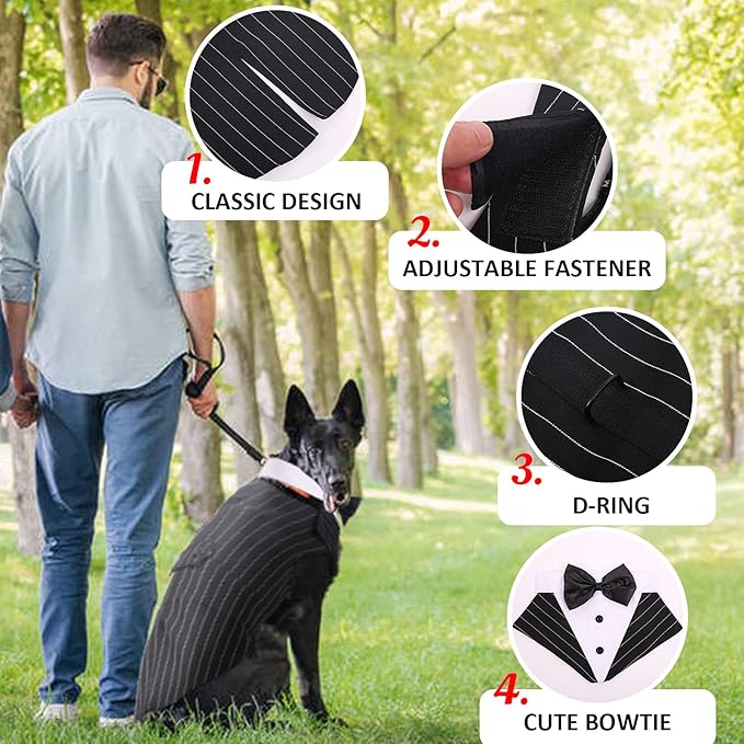 DORA BRIDAL Dog Tuxedo for Medium Dogs, Dog Suit and Bowtie, Formal Dogs Wedding Outfit, Pet Tuxedo and Bandana Set Valentines Birthday Costumes for French Bulldog, Pomeranian, Dachshund, Striped, M