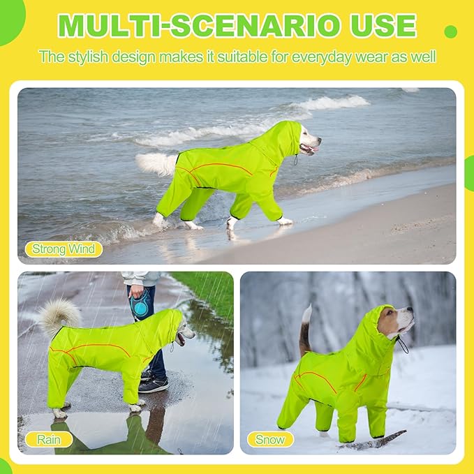 Dog Raincoat, Waterproof Dog Rain Jacket with Removable Hood，Adjustable 4 Legs Pet Poncho with Leash Hole，Reflective Stripe Hooded Snowproof Windproof Clothes for Small to 3X-Large Dogs, M