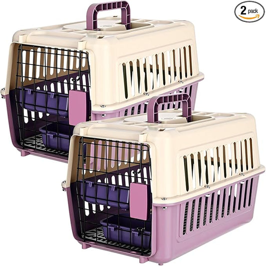 2 Set Hard Plastic Pet Carrier Breathable Dog Cat Kennel with Metal Door Bowl Grille Mat Pet up to 14 Lbs Carrier for Walking Camping Vet Visits Travel, 17.3"L x 11.8"W x 10.6"H(Purple White)