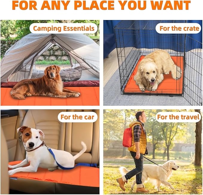 BDEUS Travel Dog Bed, Outdooor Camping Pet Mat, Portable Place Mat with Handle, Easy to Clean, Waterproof & Portable and Odor Resistant Pet Cooling Pad (Large 43" x 25", Orange)